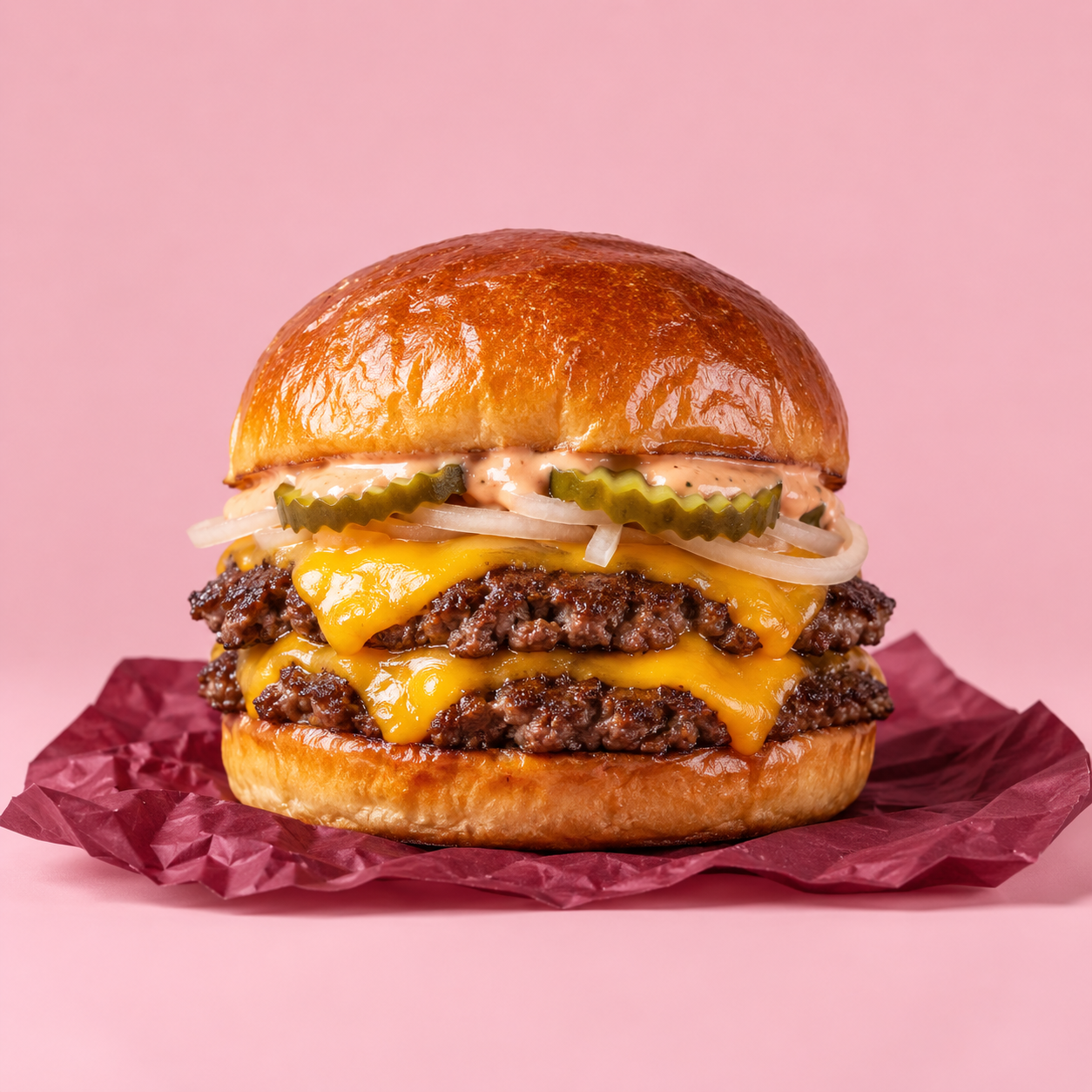 Double smash burger au cheddar, oignons et pickles — visuel d’illustration